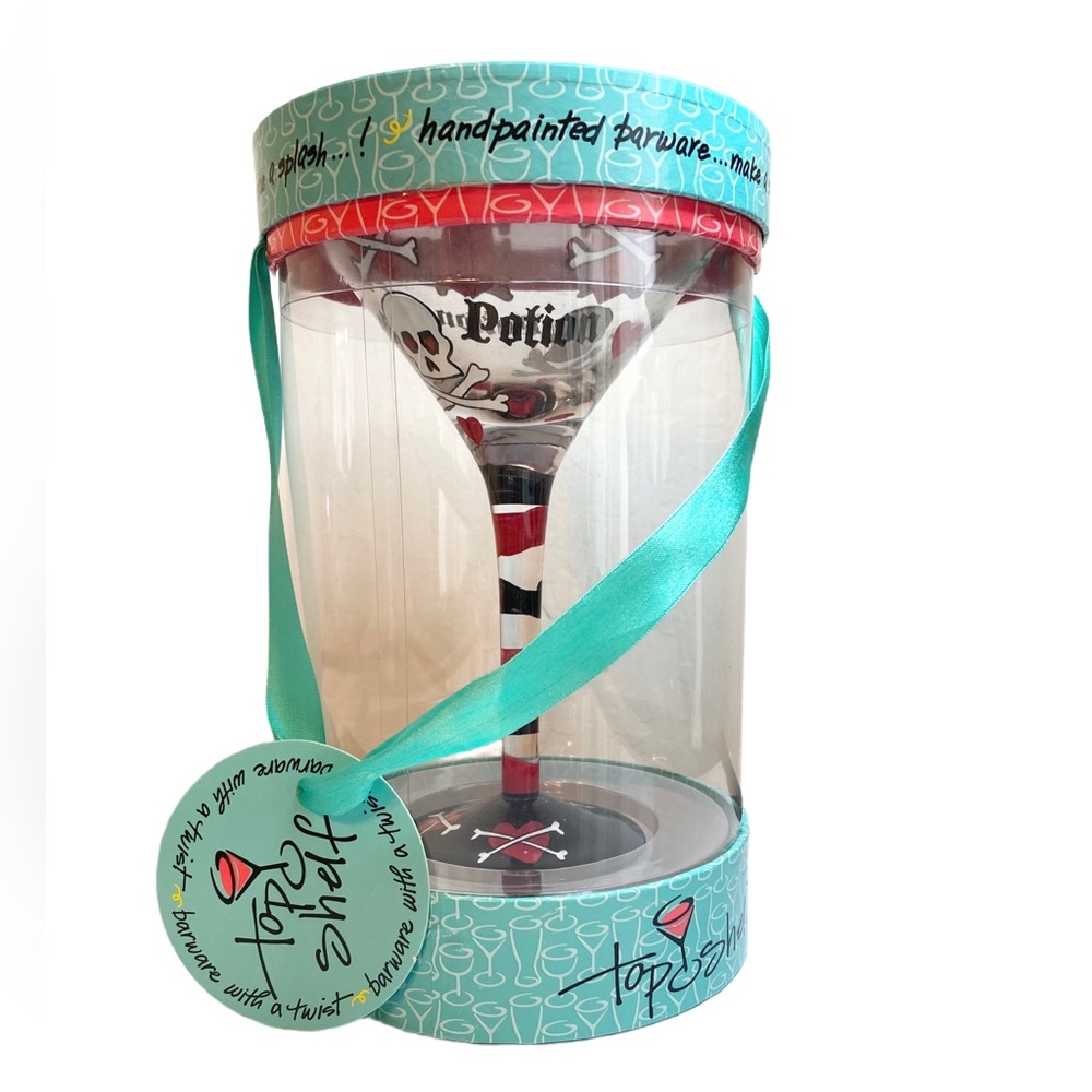 NIB Top Shelf Love Potion Hand Painted Skull & Crossbones Martini Glass